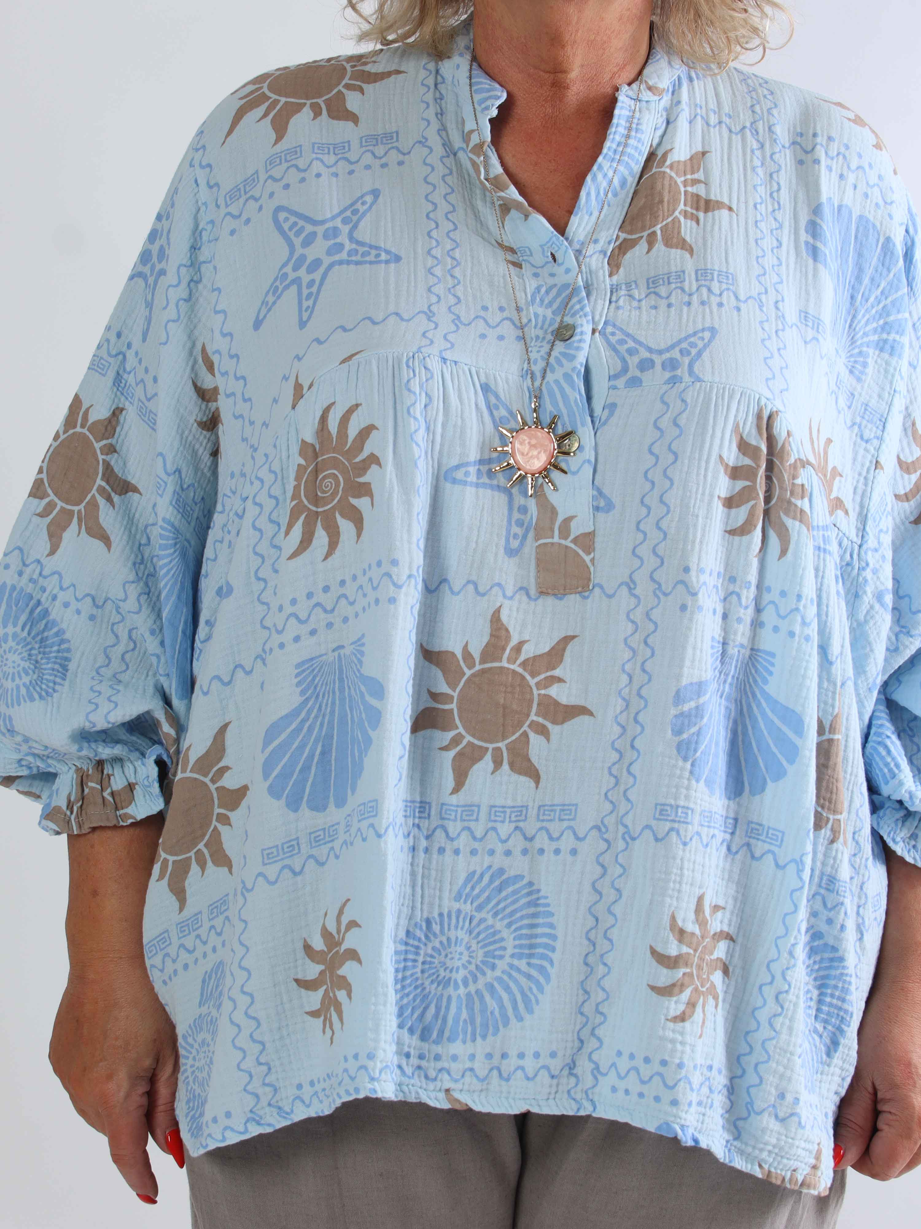 Diva - Mønstret plus size tunikaskjorte i blødt bomuldsbæk-og-bølge-stof